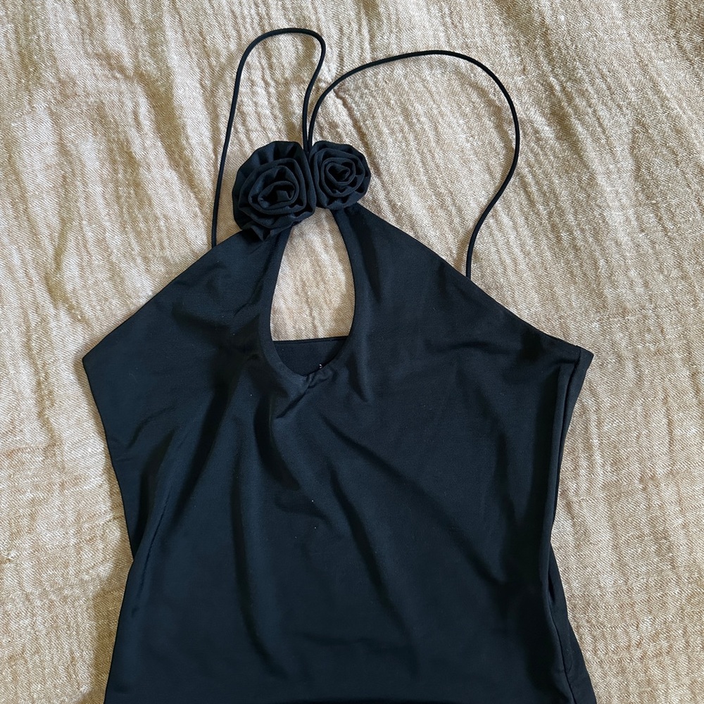 Meshki Black Top with Floral Accents